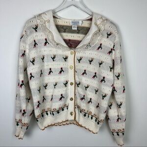 VINTAGE Intarsia Cardigan Sweater Lace Collar Medium Petite